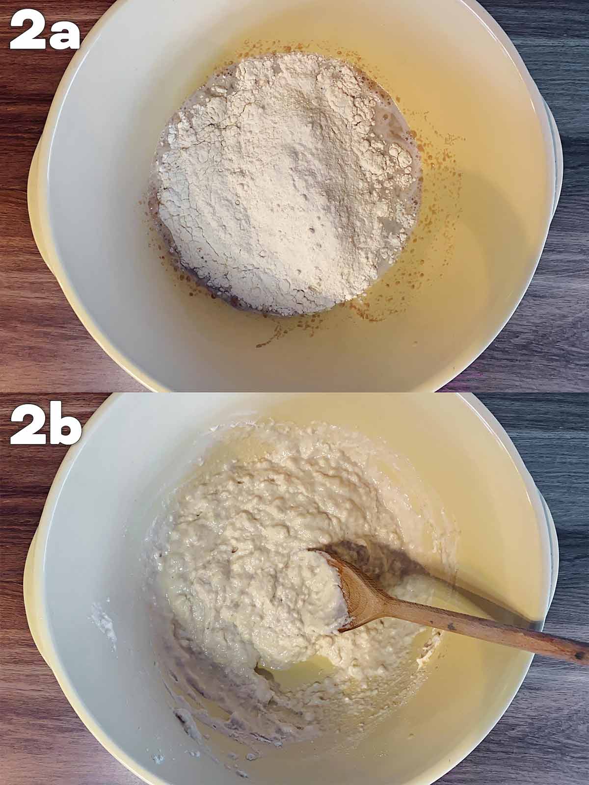 Two shot collage of flour and salt added to the bowl, before and after mixing.