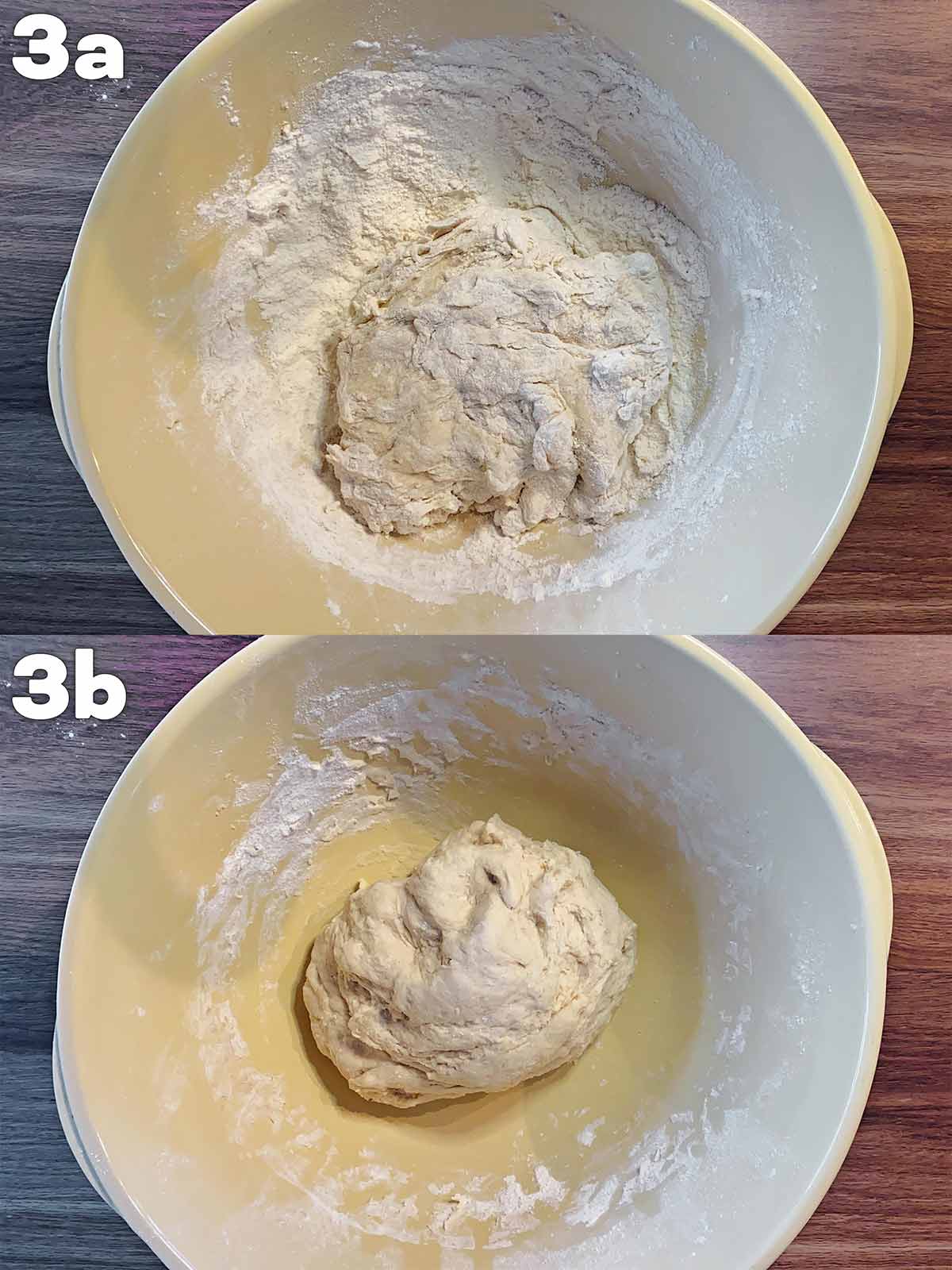 Two shot collage of dough formed, then made into a ball.