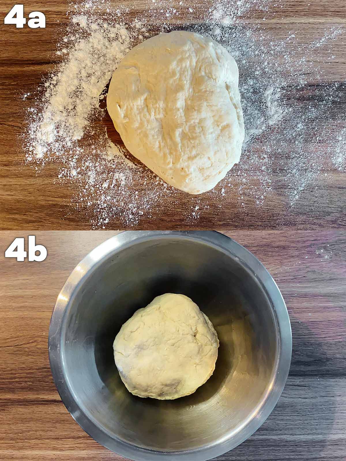 Two shot collage of a ball of dough on a work surface and then in a metal bowl.