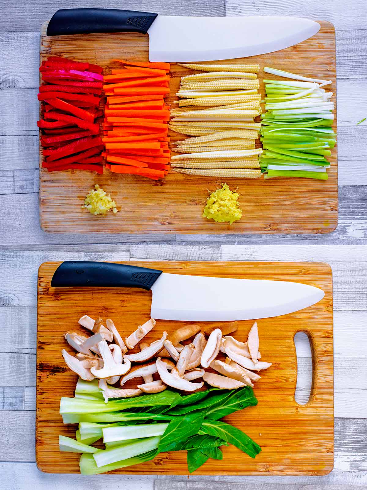 Two shot collage of vegetables thinly sliced on a chopping board.