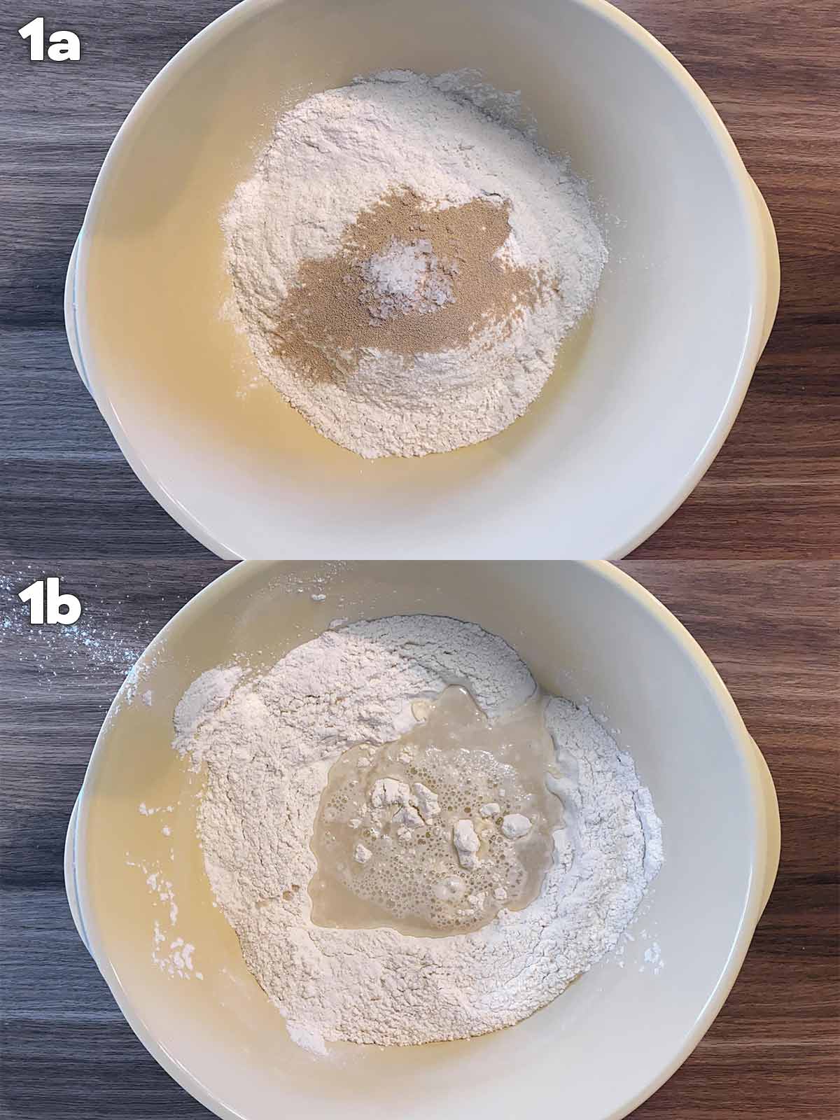 Two shot collage of flour, yeast and salt in a mixing bowl, then water added.