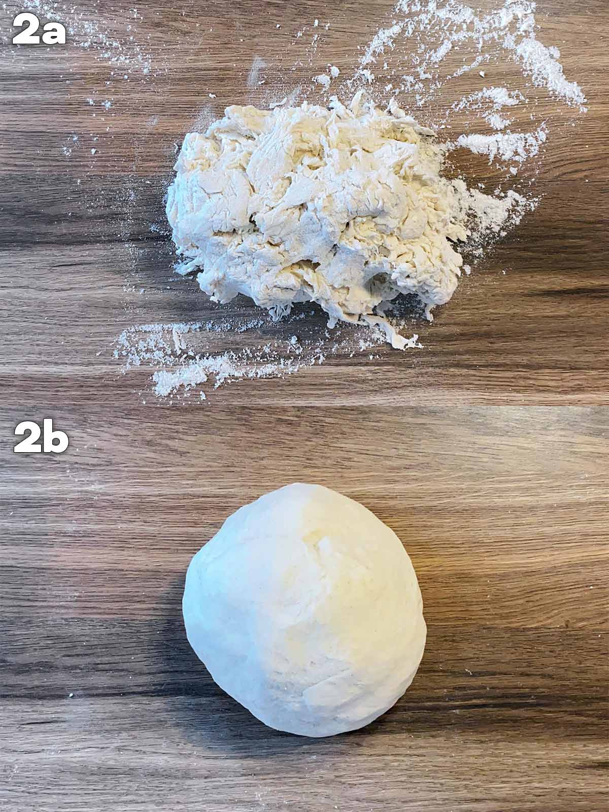 Two shot collage of bread dough, before and after kneading.