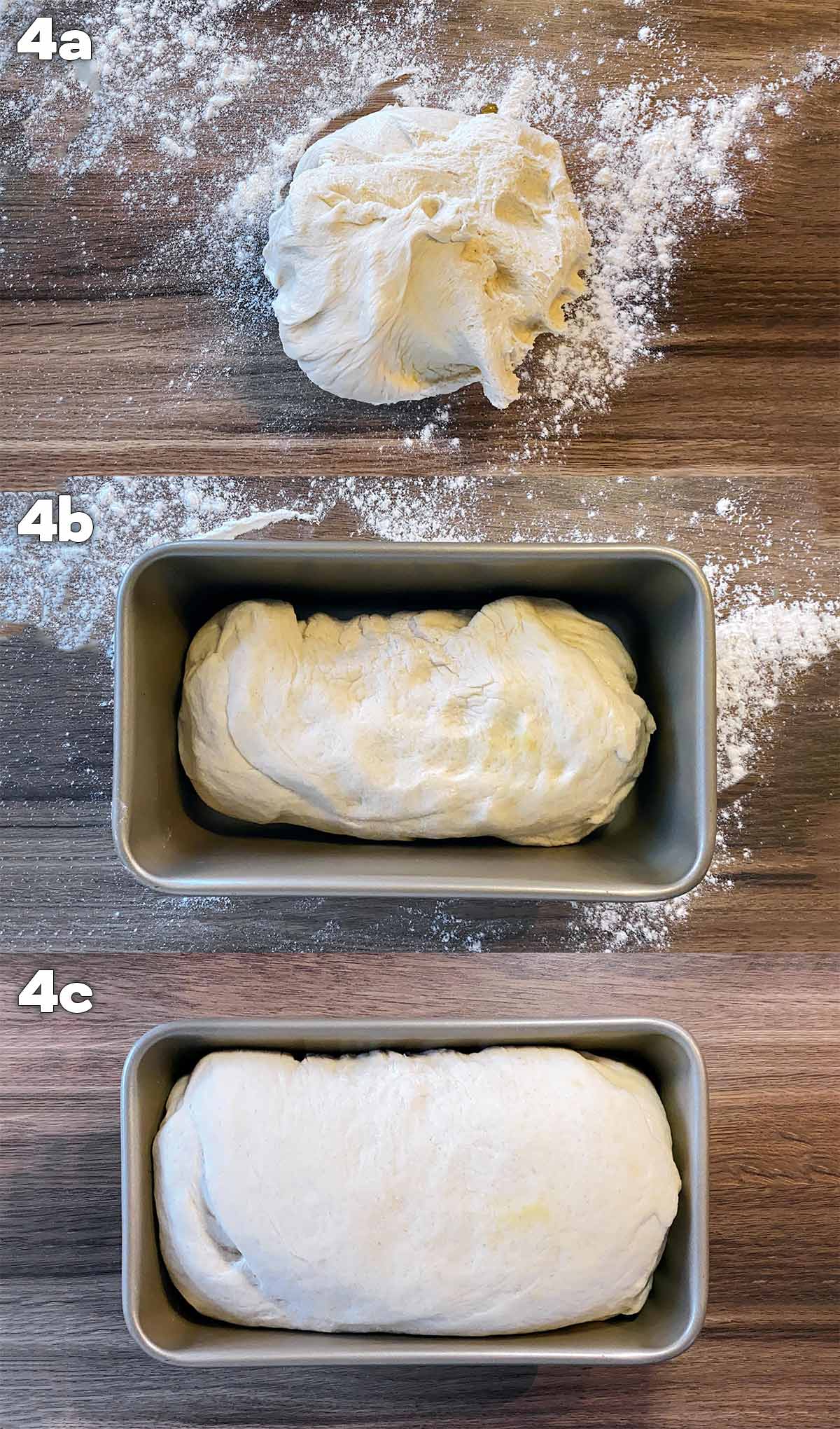 Three shot collage of kneaded dough on a work surface, then in a loaf tin, then proofed.