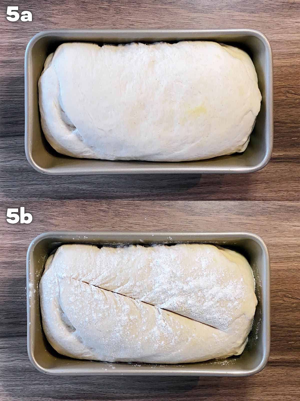 Two shot collage of proofed dough in a loaf tin, first sprinkled with flour then with a slice cut in the top.