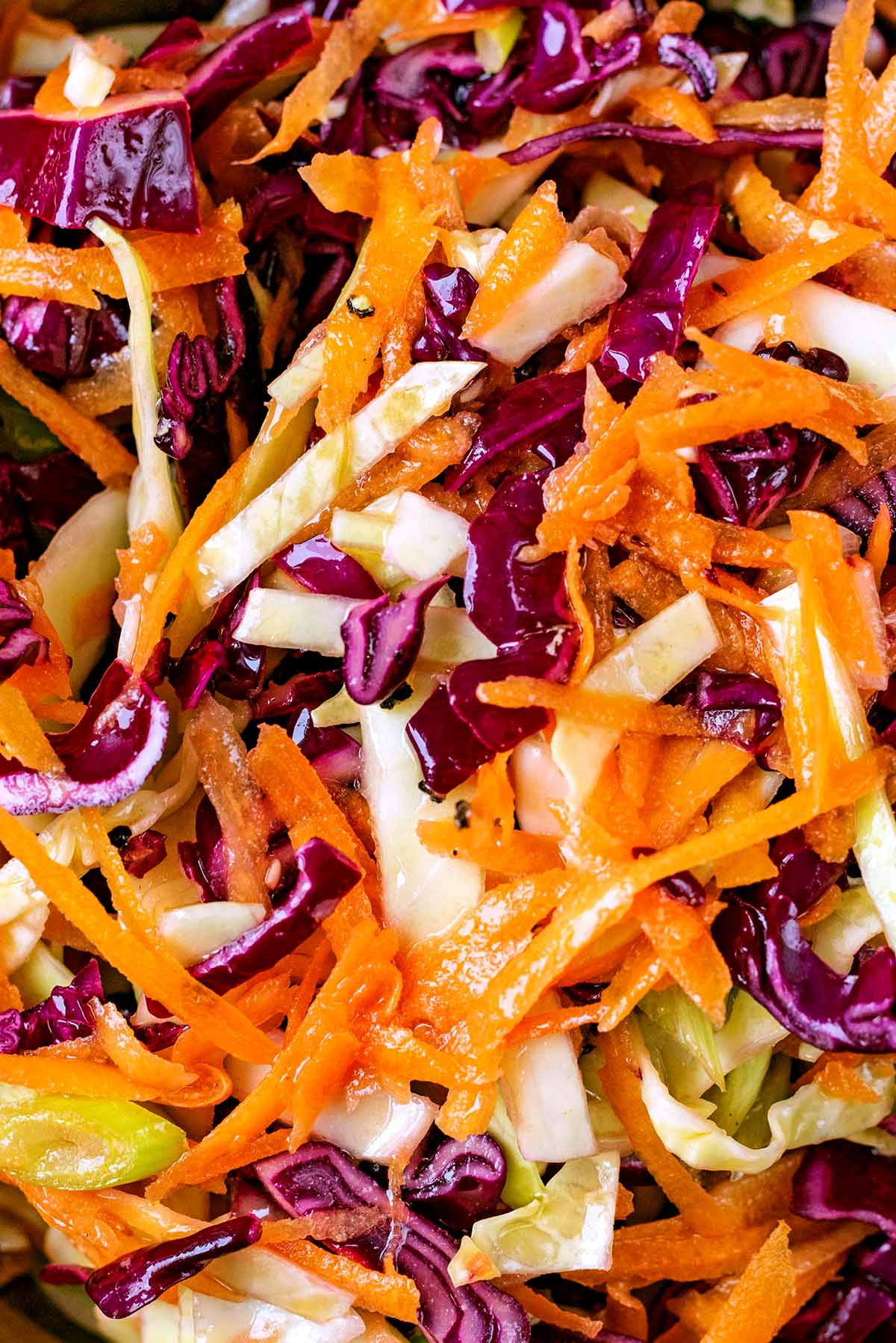 Shredded carrot and cabbage in a dressing.
