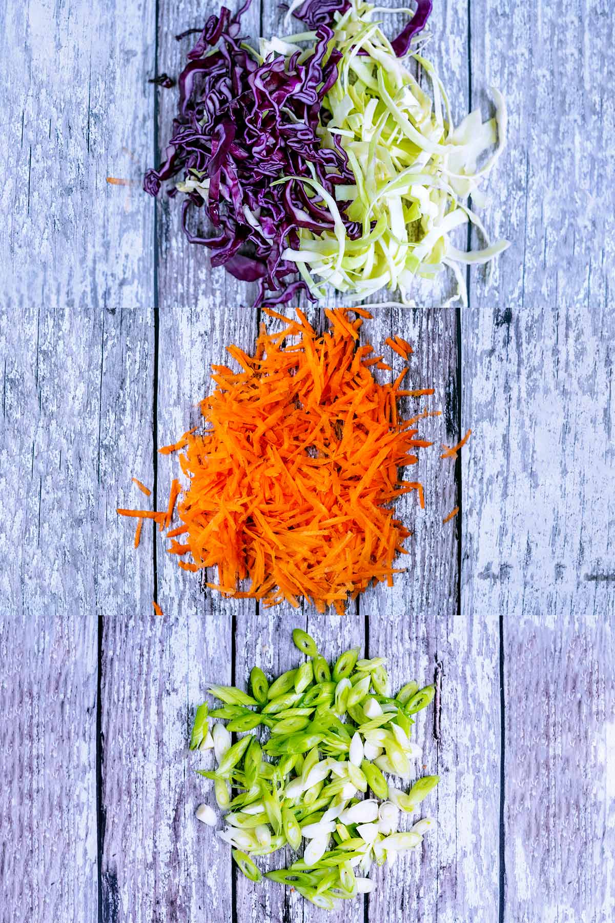 Three step shot of shredded cabbage, grated carrot and chopped scallions.