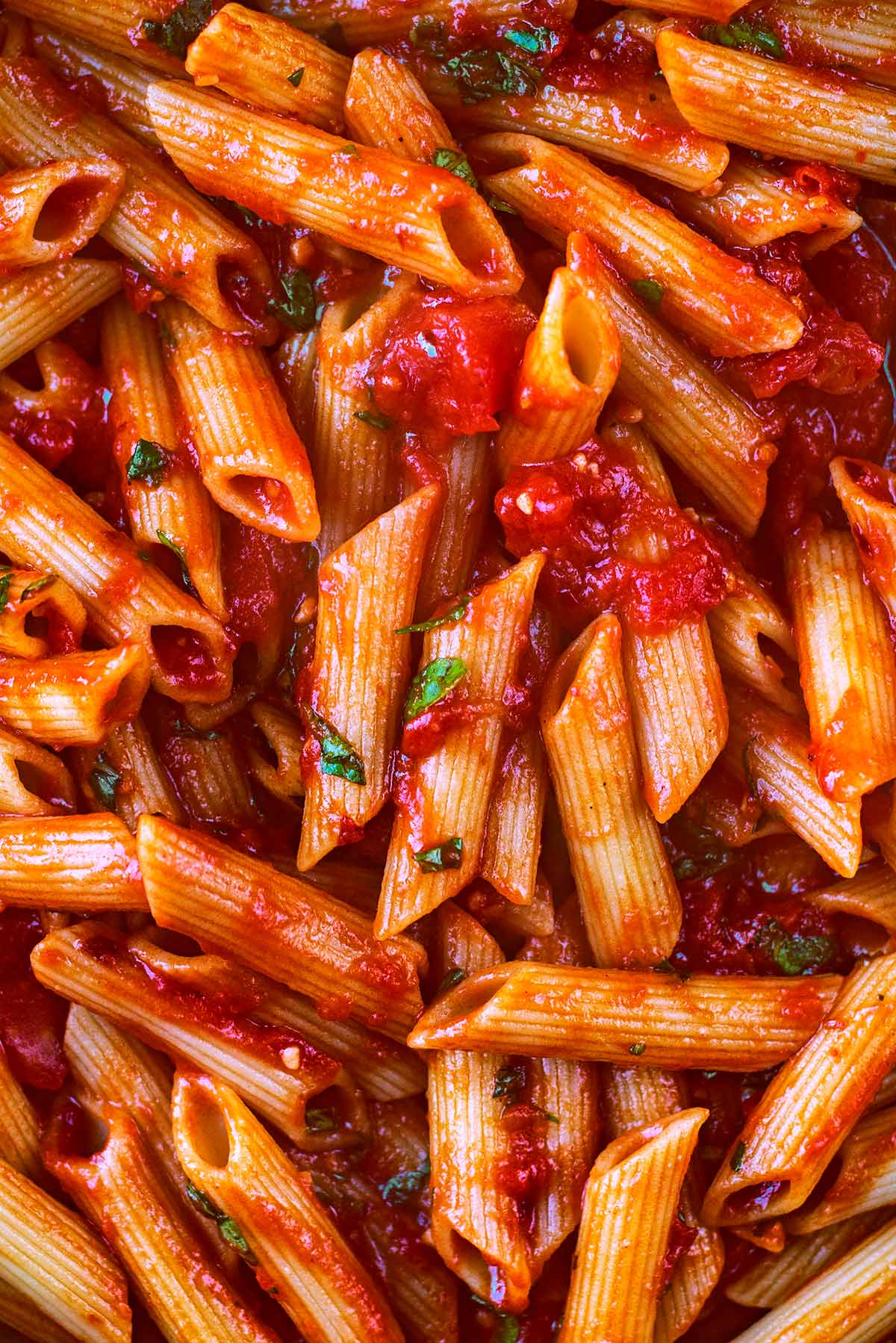 Penne pasta mixed together with a spicy tomato sauce.