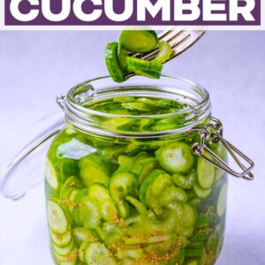 Quick pickled cucumbers with a text title overlay.