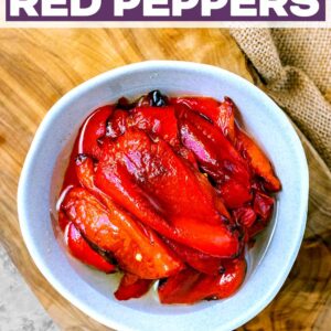 Roasted red peppers with a text title overlay.
