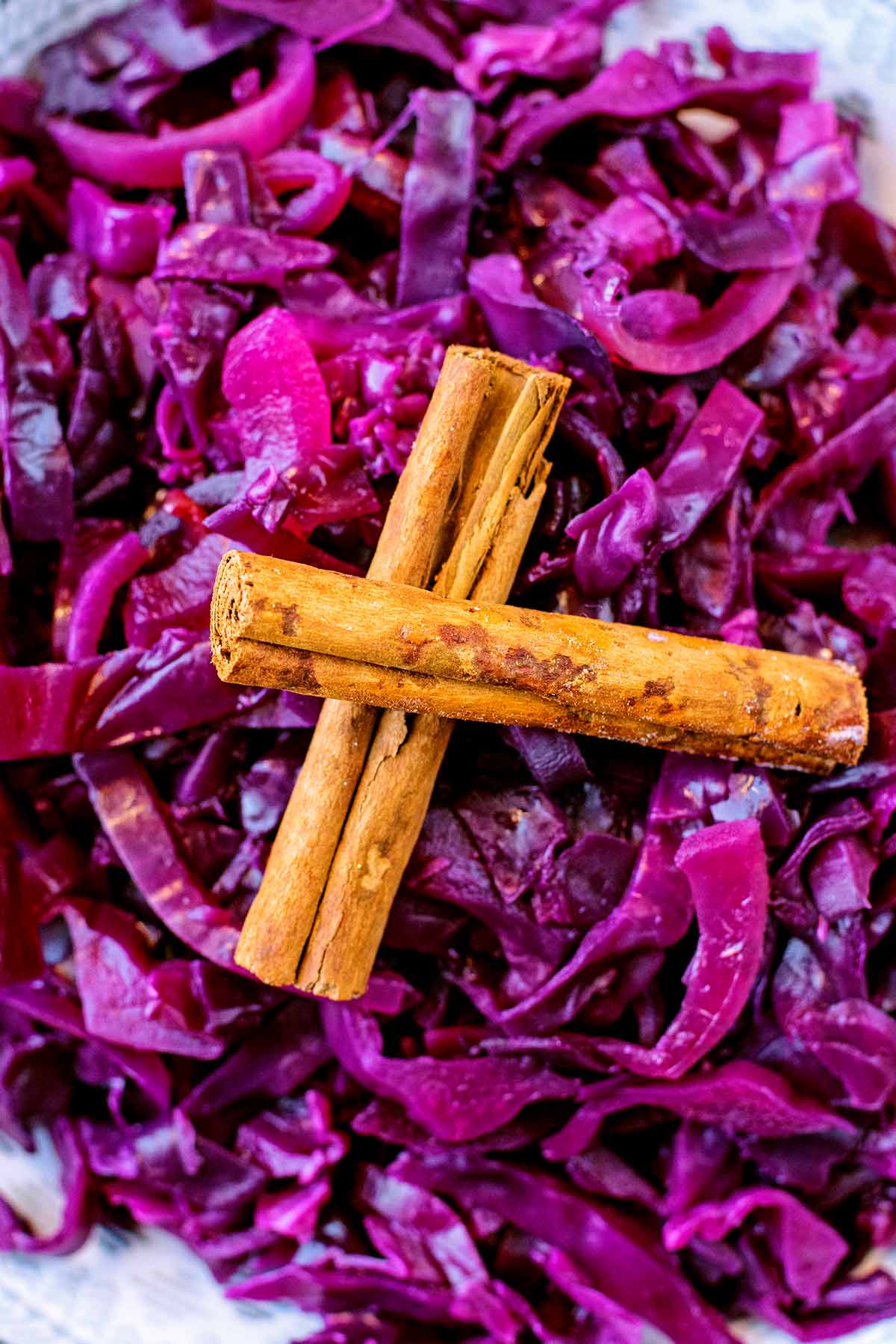 Two cinnamon sticks on top of a big bowl of braised red cabbage.