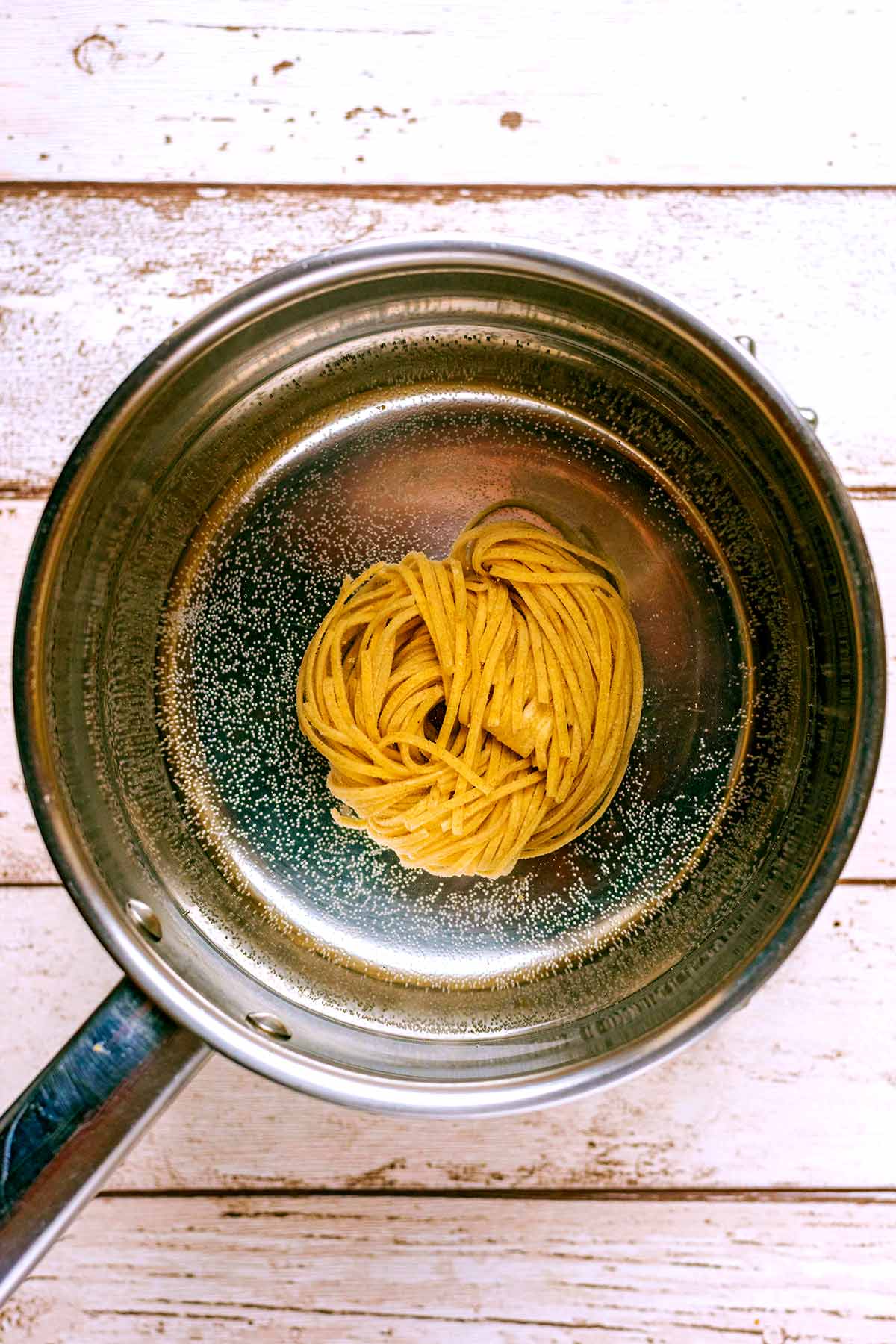 A saucepan full of water and a nest of noodles.