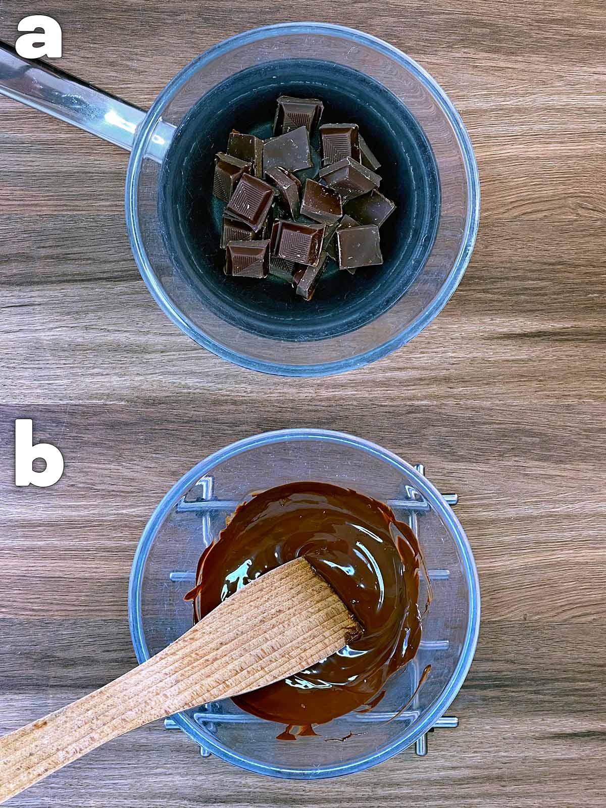 Two shot collage of chocolate chunks in a bowl, then melted.