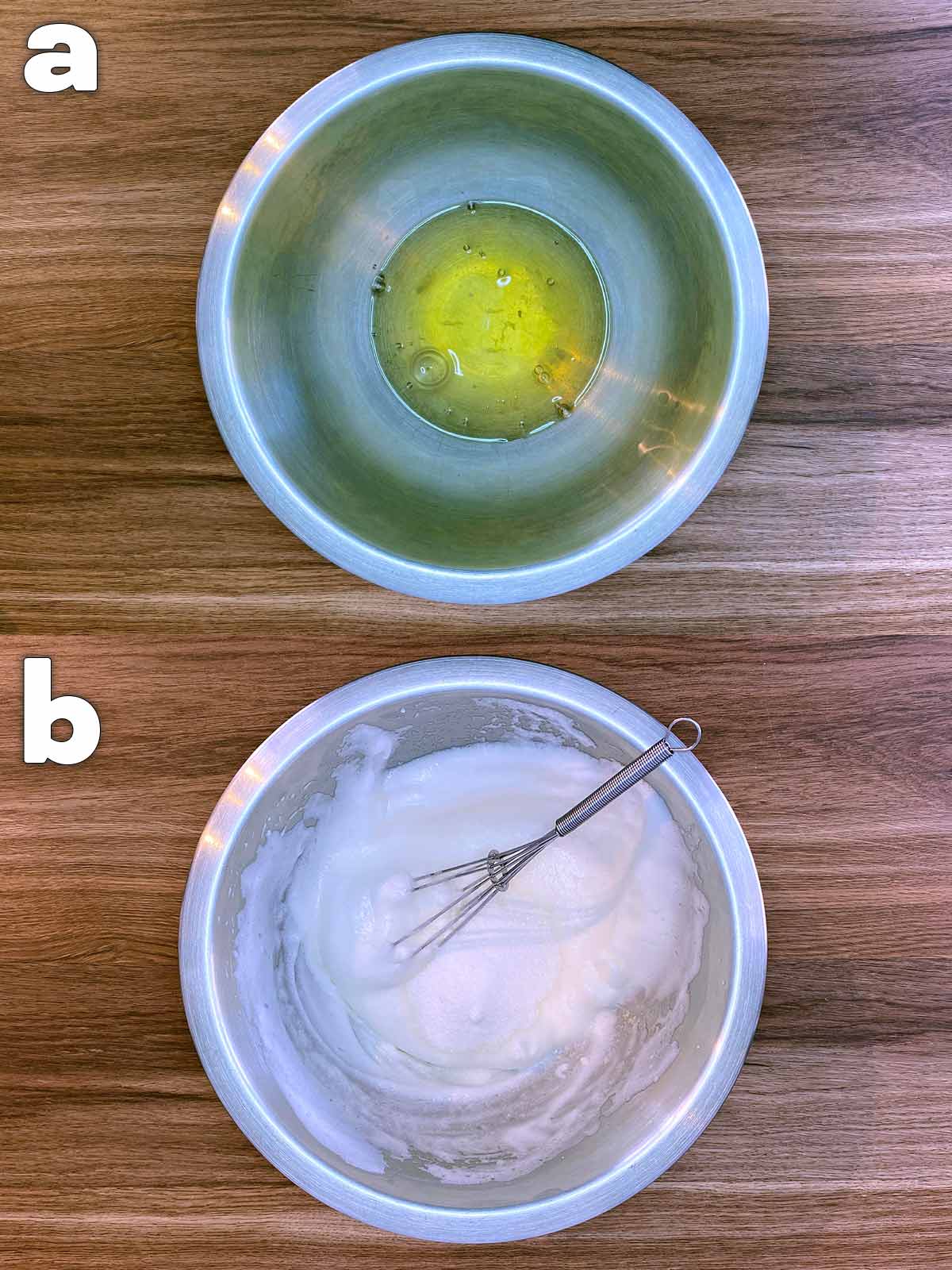 Two shot collage of egg white in a bowl, then whisked into a stiff mixture.