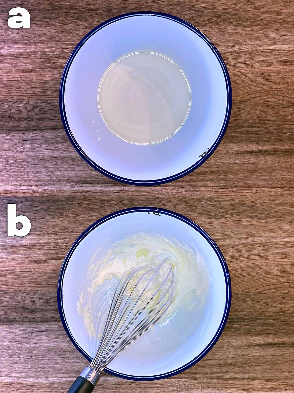 Two shot collage of cream in a bowl, then whisked into stiff cream.