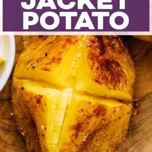 Air fryer jacket potato with a text title overlay.