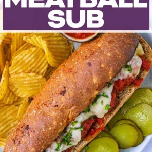 Homemade meatball sub with a text title overlay.