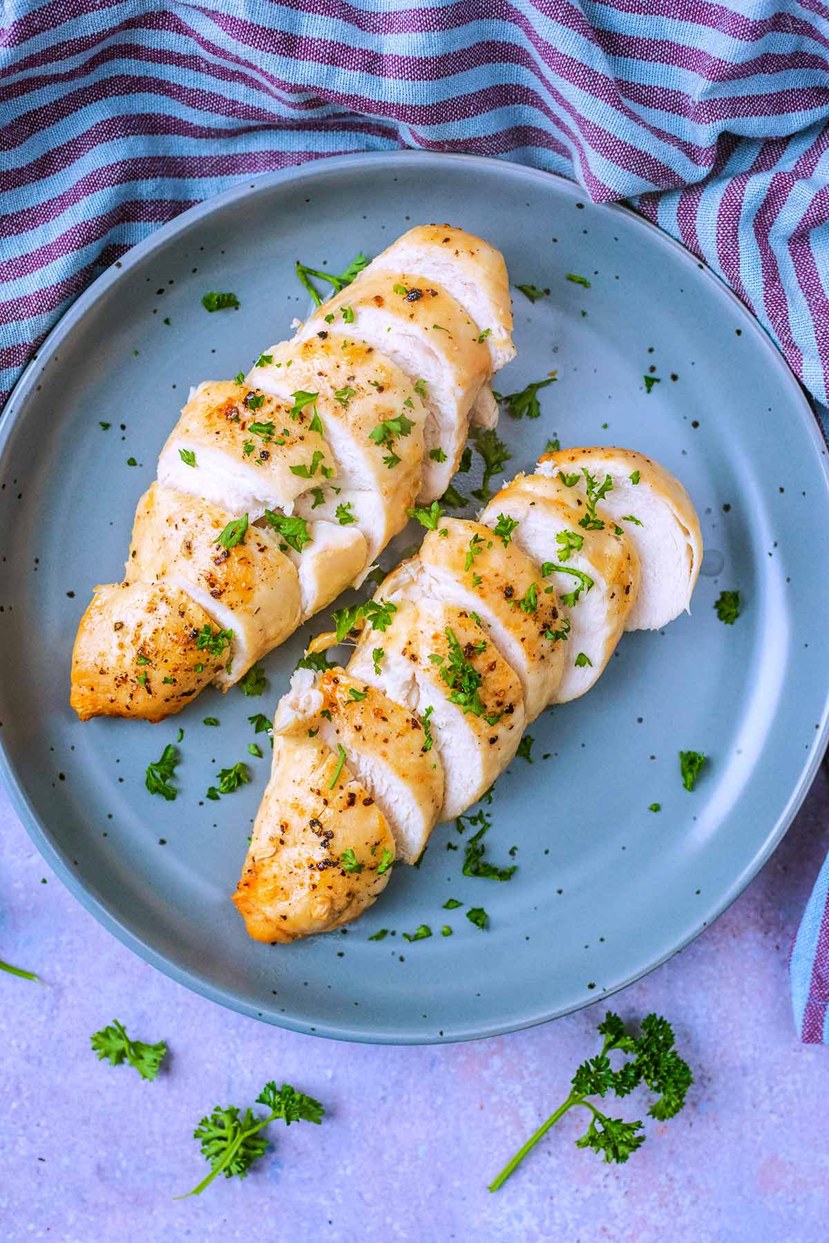 Two sliced chicken breasts on a plate.