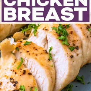 Air fryer chicken breast with a text title overlay.