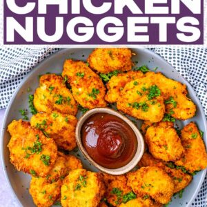 Air fryer chicken nuggets with a text title overlay.