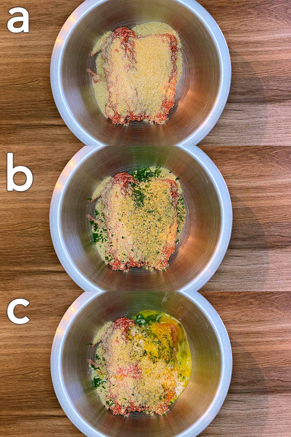 Three shot collage of meatball ingredients being put into a bowl.