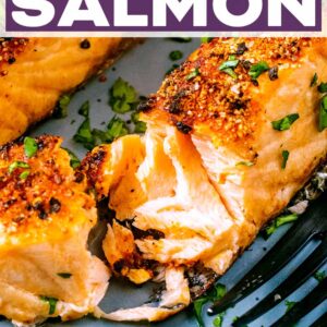 Air fryer salmon with a text title overlay.