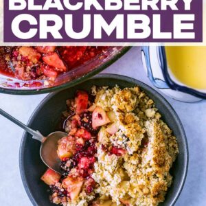 Apple and blackberry crumble with a text title overlay.