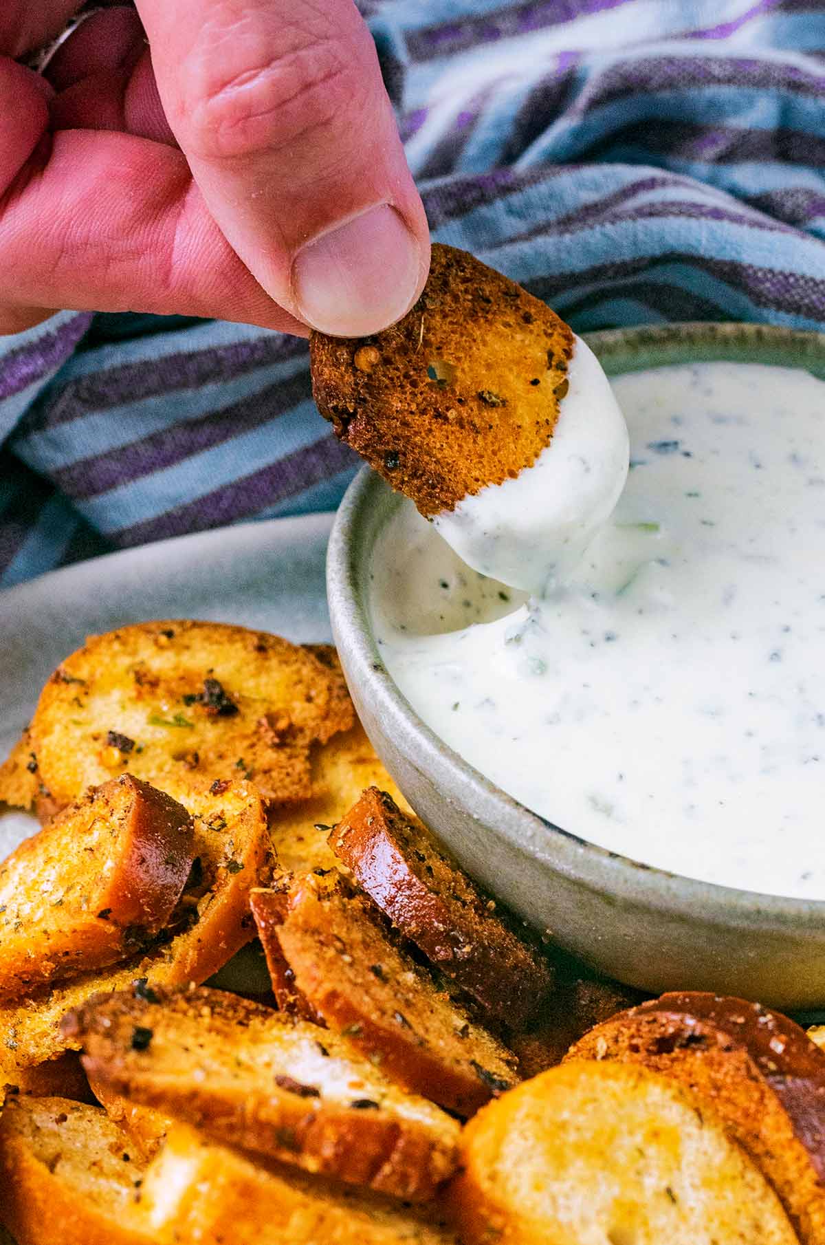 A hand dipping a bagel crisp into some creamy dip.