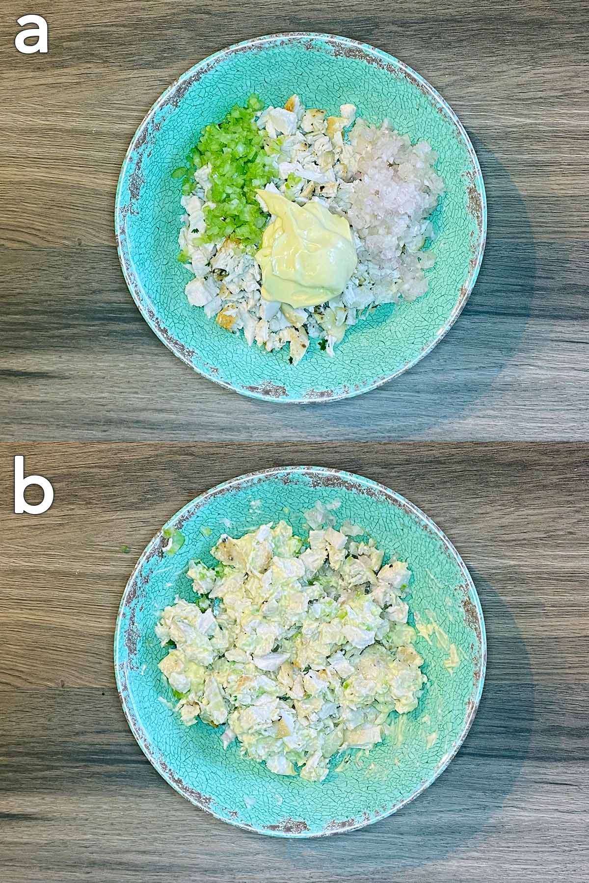 Two shot collage of chicken, celery, shallot and mayo in a bowl, before and after mixing.