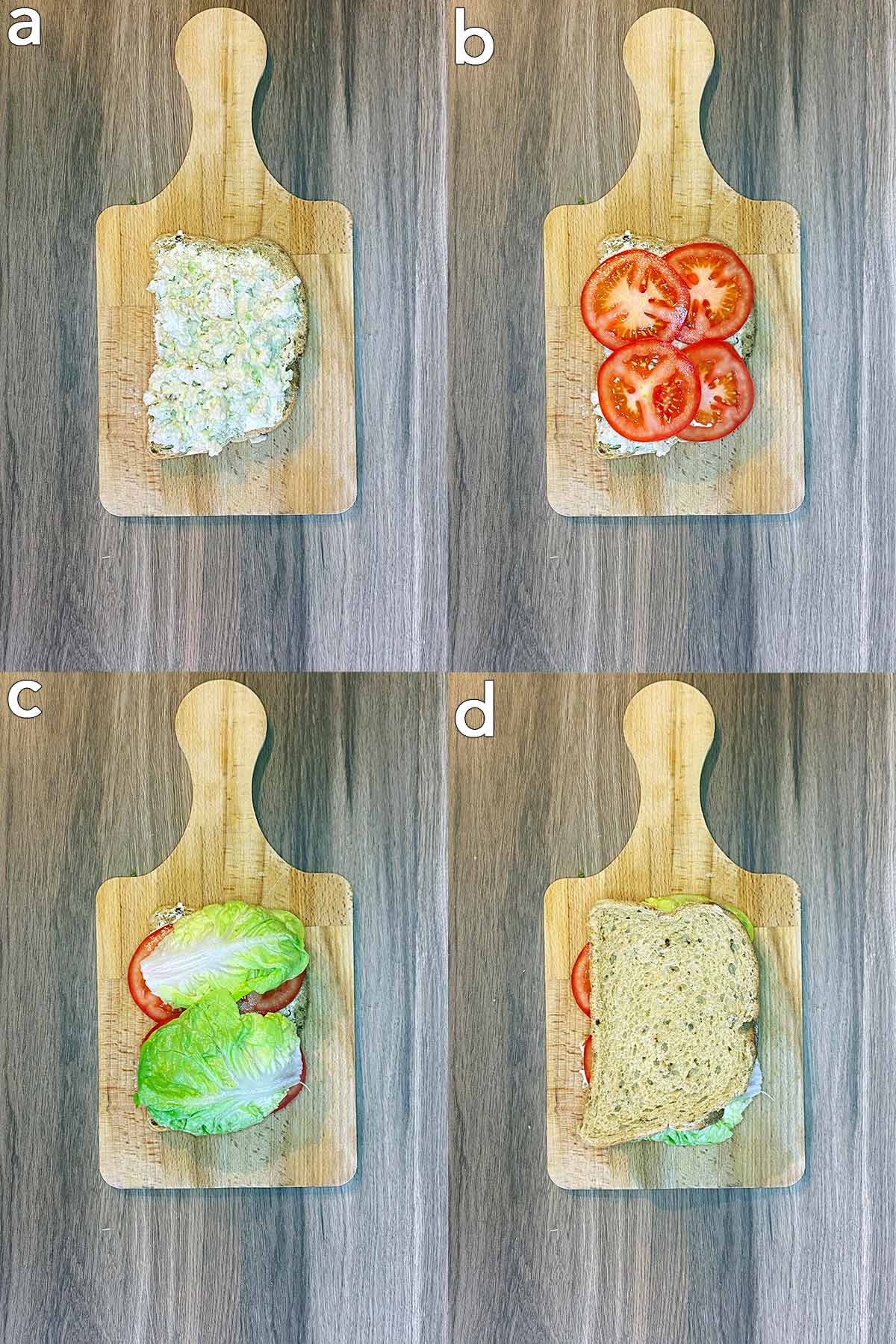 Four shot collage of a chicken mayo salad sandwich being built.