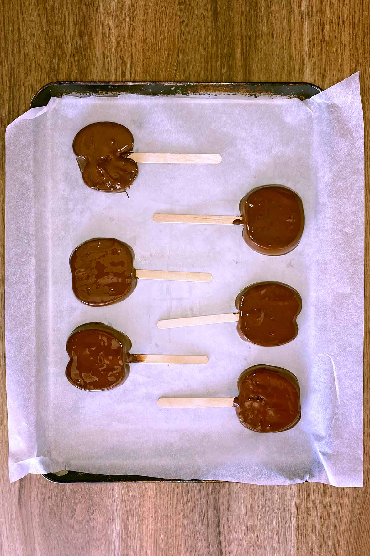 Slices of apple, coated in chocolate with lollipop sticks in them.