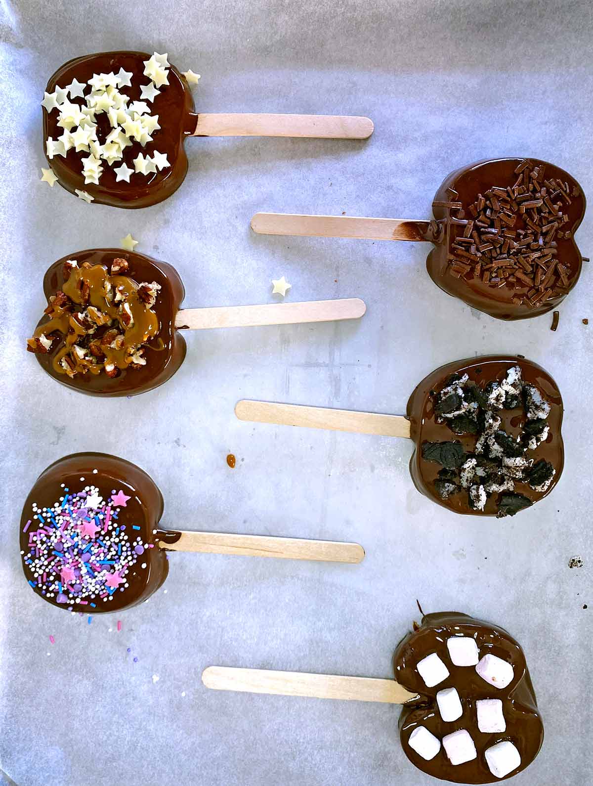 Six decorated chocolate covered apple slices.