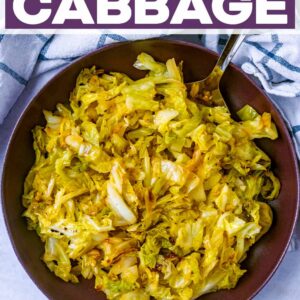 Easy sauteed cabbage with a text title overlay.