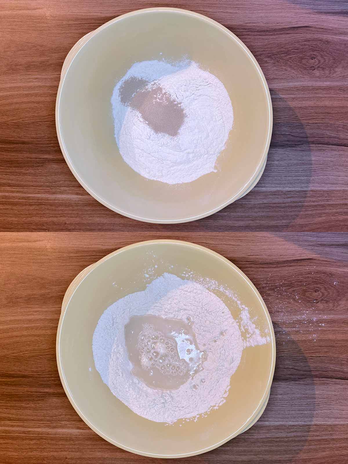 Two shot collage of flour and yeast in a bowl, then water added.