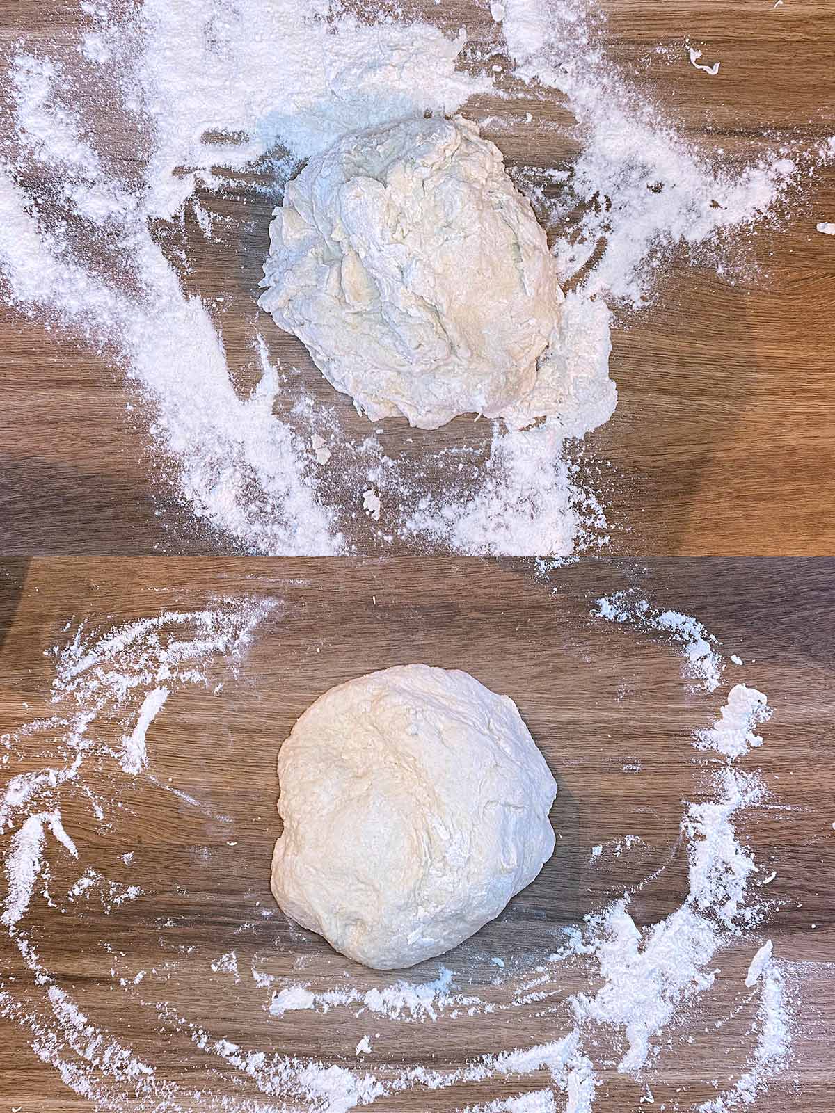 Two shot collage of the dough on a floured surface, before and after kneeding.