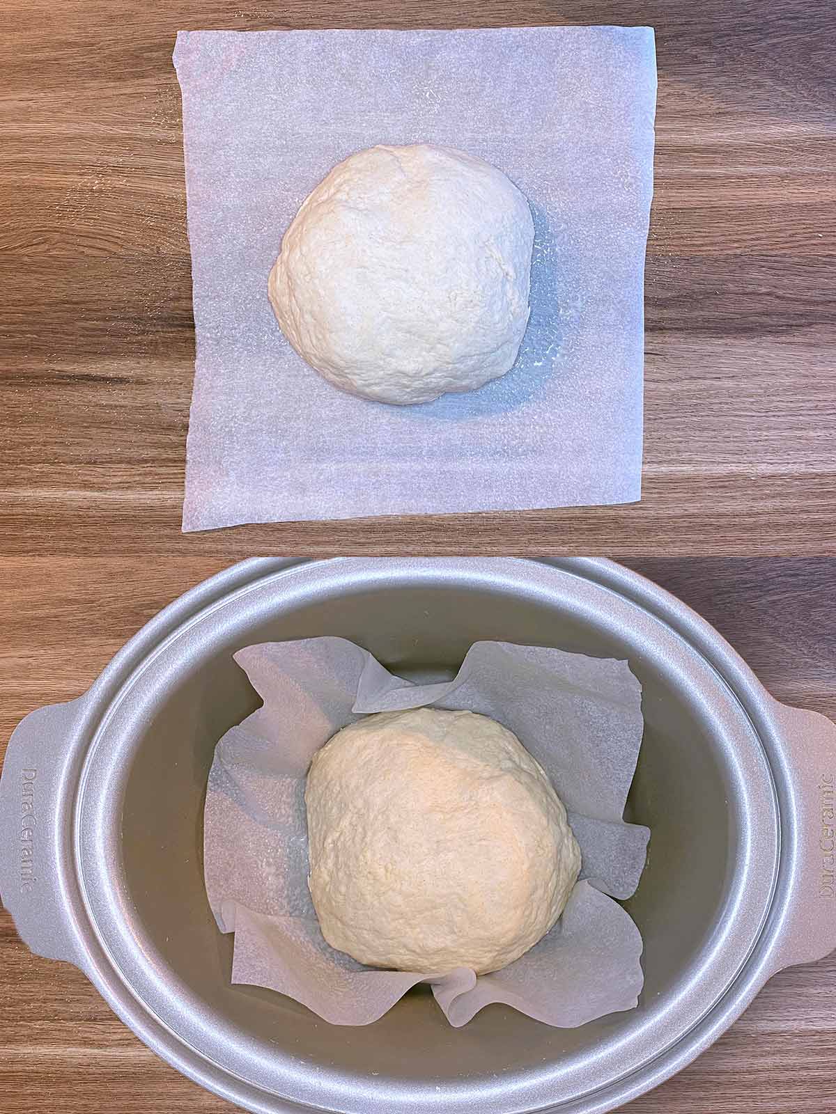 Two shot collage of a ball of dough on baking paper, then in a slow cooker.