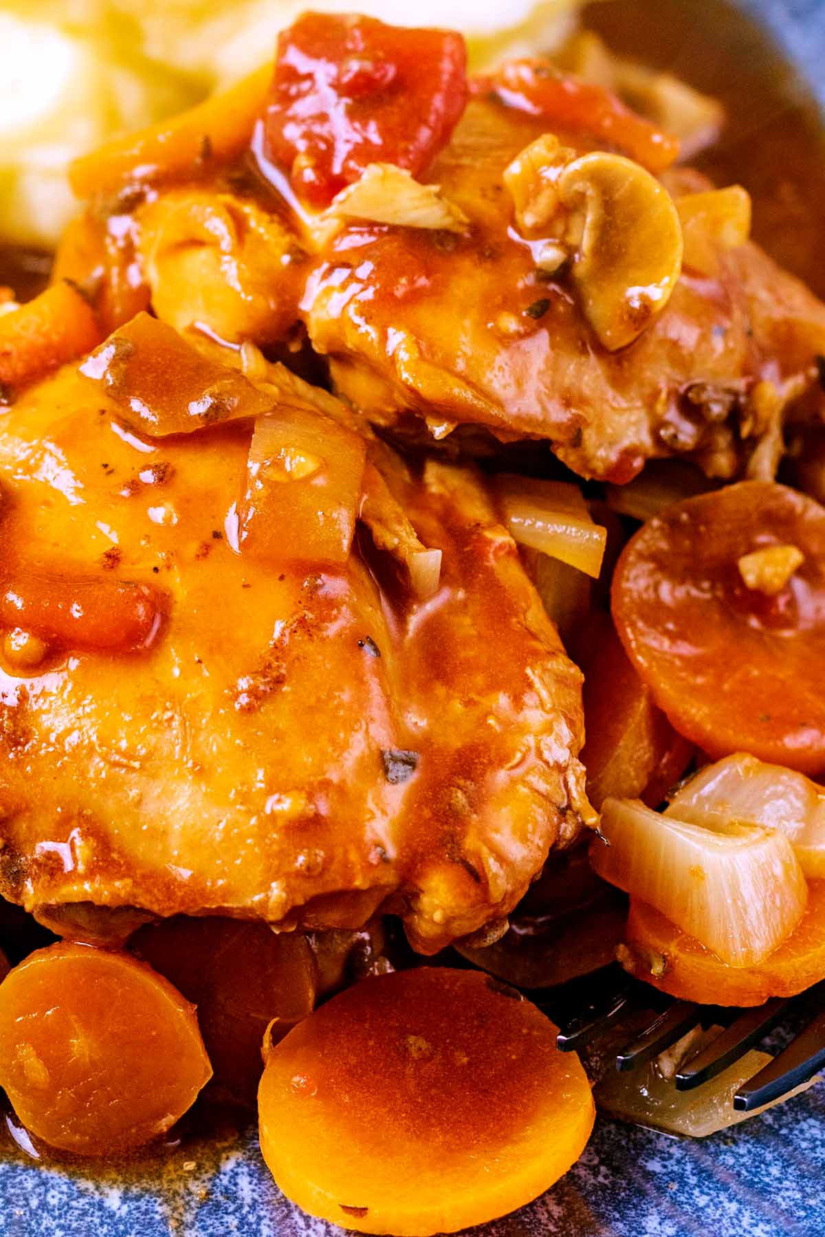 Cooked chicken, carrots and mushrooms in a chasseur sauce.