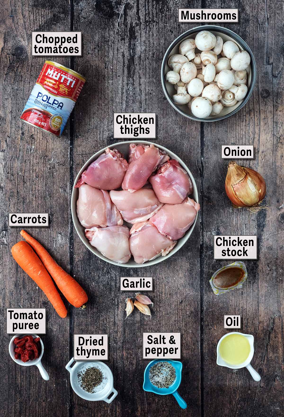 All the ingredients needed for this recipe with text overlay labels.