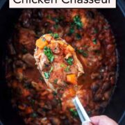 Slow cooker chicken chasseur with a text title overlay.