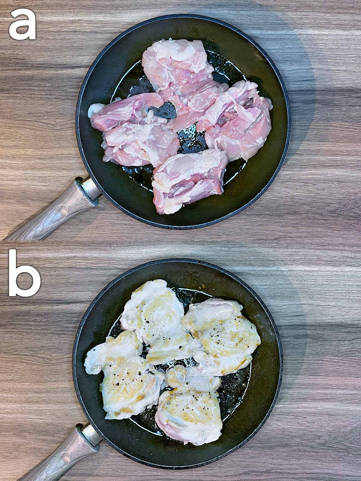 Two shot collage of chicken thighs cooking in a pan, before and after being turned.