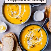 Slow cooker vegetable soup with a text overlay title.