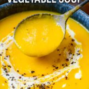 Slow cooker vegetable soup with a text overlay title.