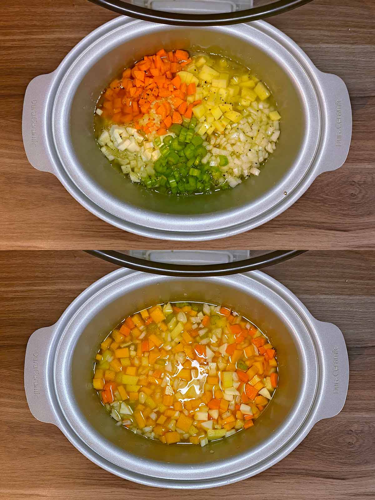 Two shot collage of stock added to the slow cooker, before and after mixing.