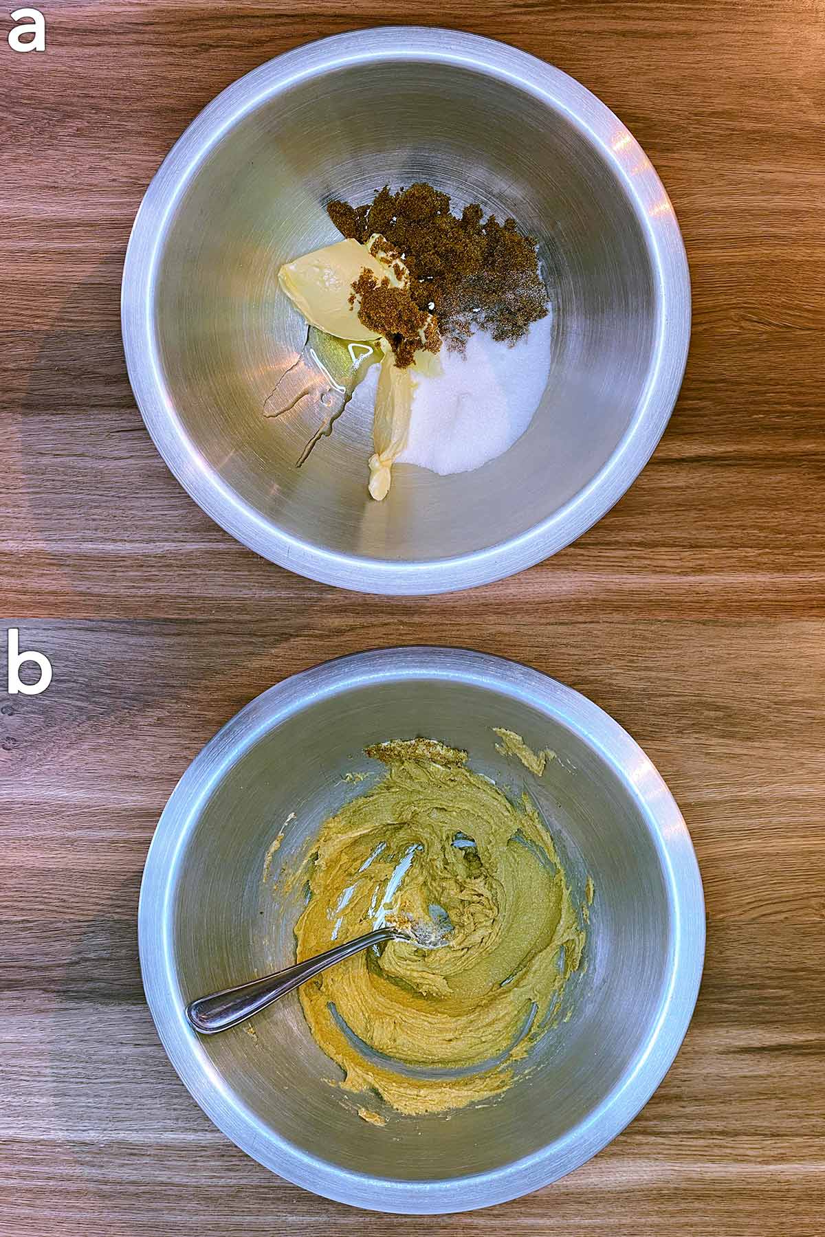 Two shot collage of margarine, sugar and vanilla in a bowl, before and after mixing.