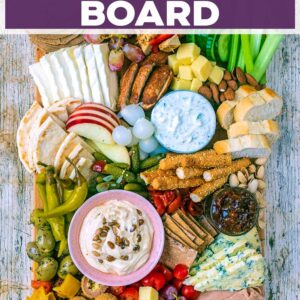 A vegetarian charcuterie board with a text title overlay.