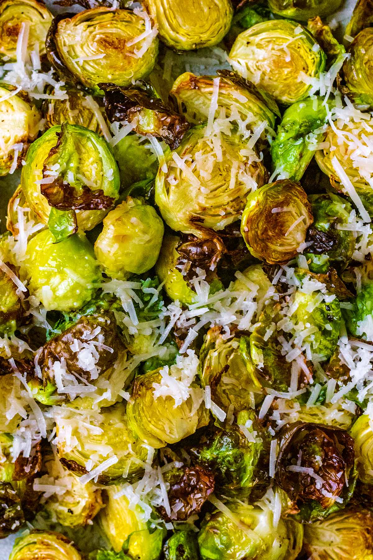 Cooked Brussel sprout halves with grated Parmesan on top.