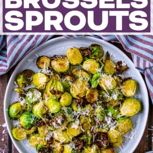 Air fryer brussels sprouts with a text title overlay.