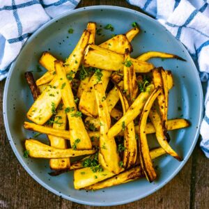 A plate of air fryer parsnips.