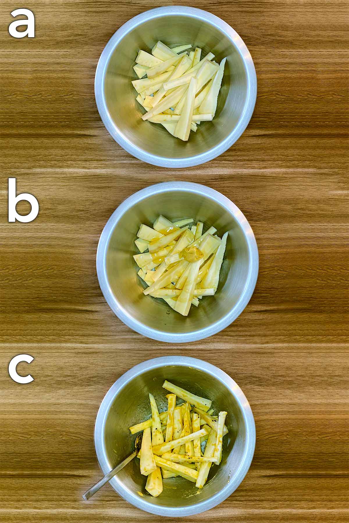 Three shot collage of parsnips and other ingredients added to a bowl then all mixed together.