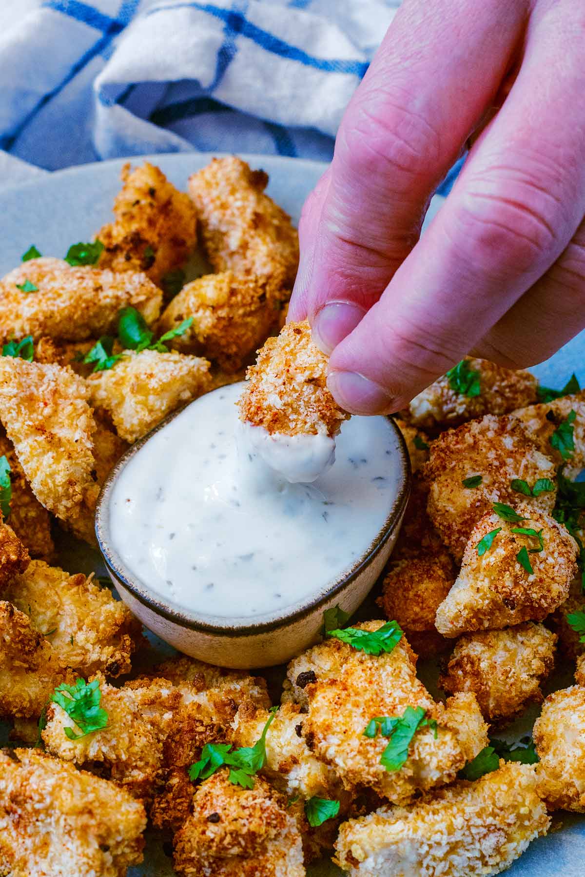 A hand dipping some breaded chicken into a creamy white sauce.