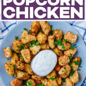 Air fryer popcorn chicken with a text title overlay.